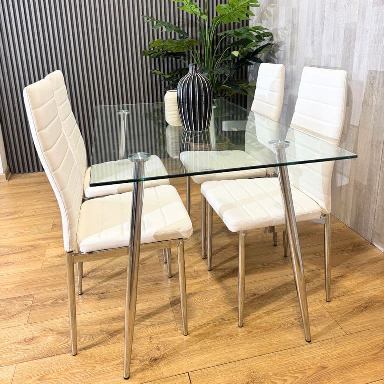 Comedor Mesa Rectangular Vitreo 130x80 + 4 Silla Dining Blanca Blanco VITREO130DININW4