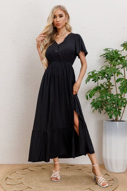 Vestido Largo Verano Mujer Manga Corta Abertura Botones 328 Negro L
