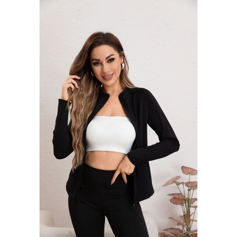 Poleron Deportivo Mujer Elasticado Corte Entallado Cierre 017 Negro S