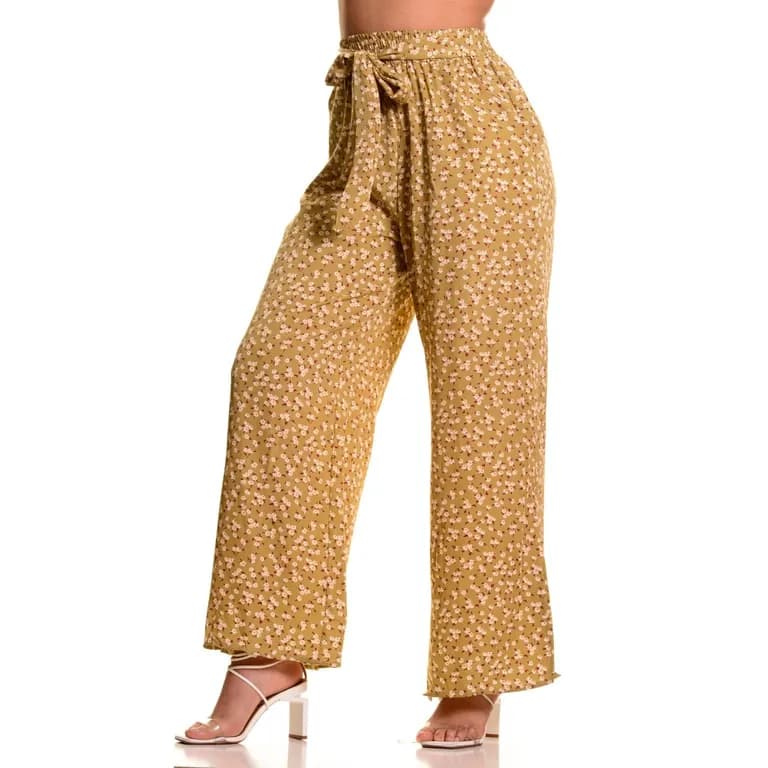 Pantalon Palazzo Mujer Cintura Elasticada Casual Eventos Flores 091 Beige L