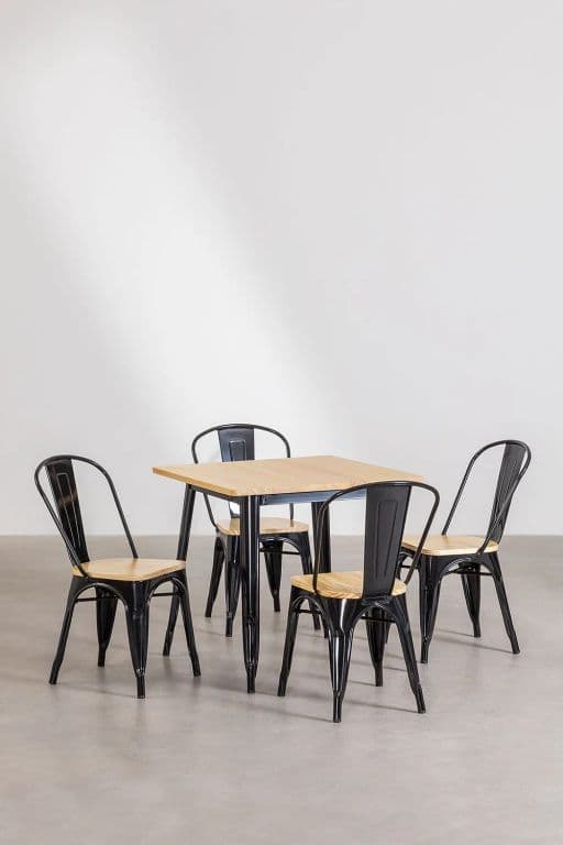 Comedor Tolix Mesa Cuadrada 70x70cm Y 4 Sillas Tolix Asiento Madera
