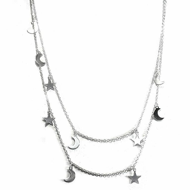 Collar Lunas Y Estrellas Doble Plata Fina 925 Plateado TALLA UNICA