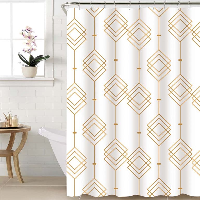 Cortina de bano 180x180 impermeable + 12 ganchos Geometrica Dorada