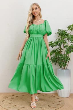 Vestido Largo Mujer Manga Globo Corta Cuello V 3345 Verde M