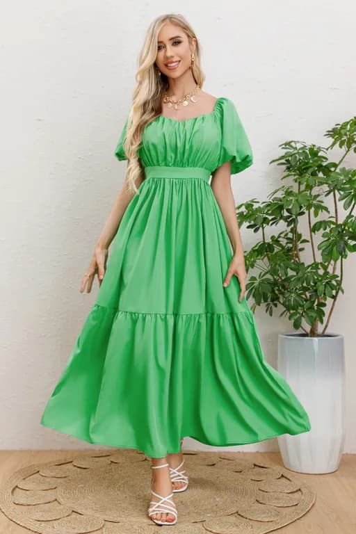 Vestido Largo Mujer Manga Globo Corta Cuello V 3345 Verde M