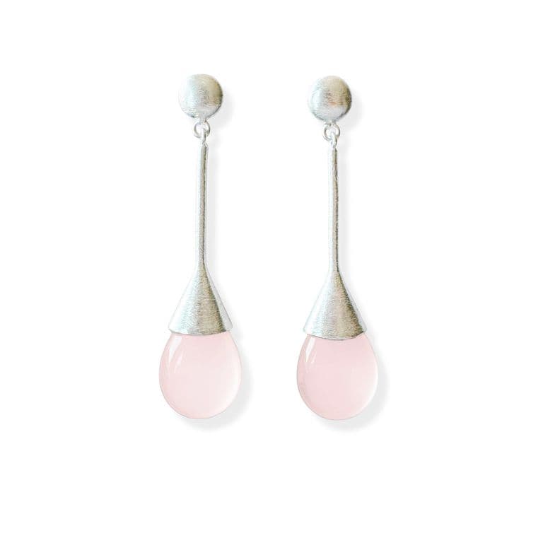 Aros Cuarzo Rosado Gota Plata Fina 925 Satinado Rosa TALLA UNICA