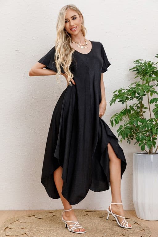 Maxi Vestido Largo Asimetrico Manga Corta Verano Premium 3320 Negro S