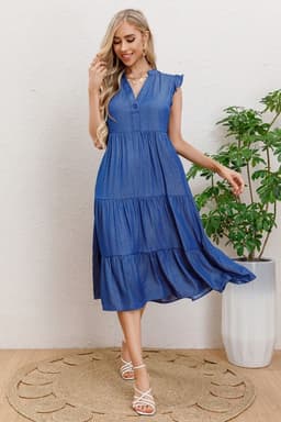Vestido Largo Algodon Primavera Mujer Cuello Mao Manga corta 3322 Azul S