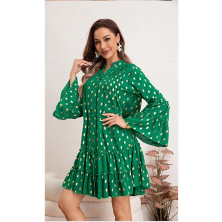 Vestido Corto Mujer Manga Larga Ancha Diseno Puntos 0043 Verde M