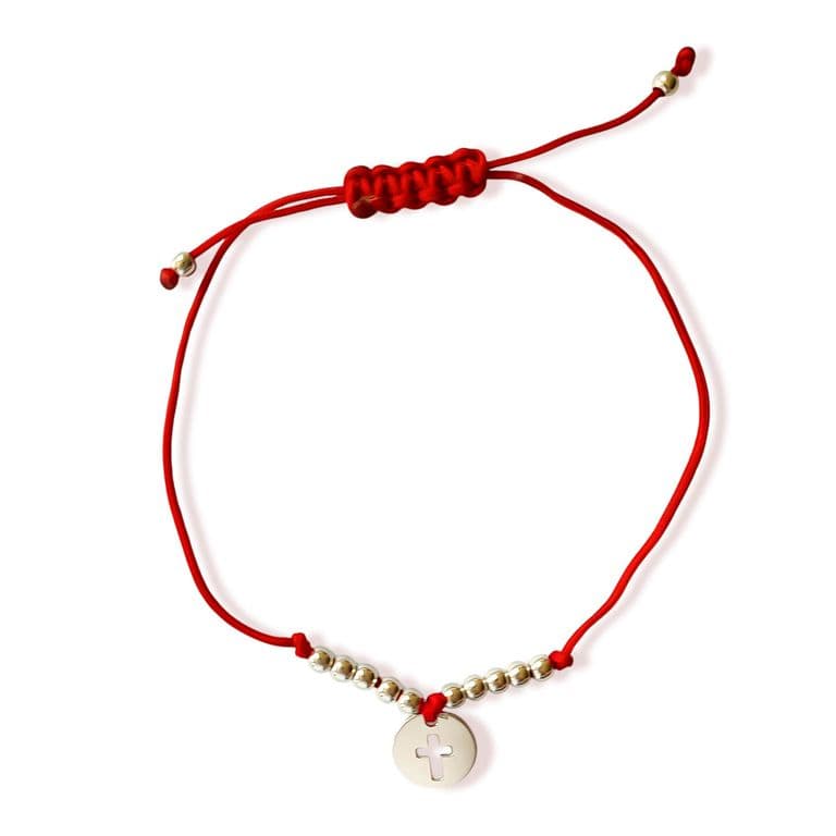 Pulsera Circulo Cruz Bolita Plata Fina 925 Cordon Rojo Rojo TALLA UNICA