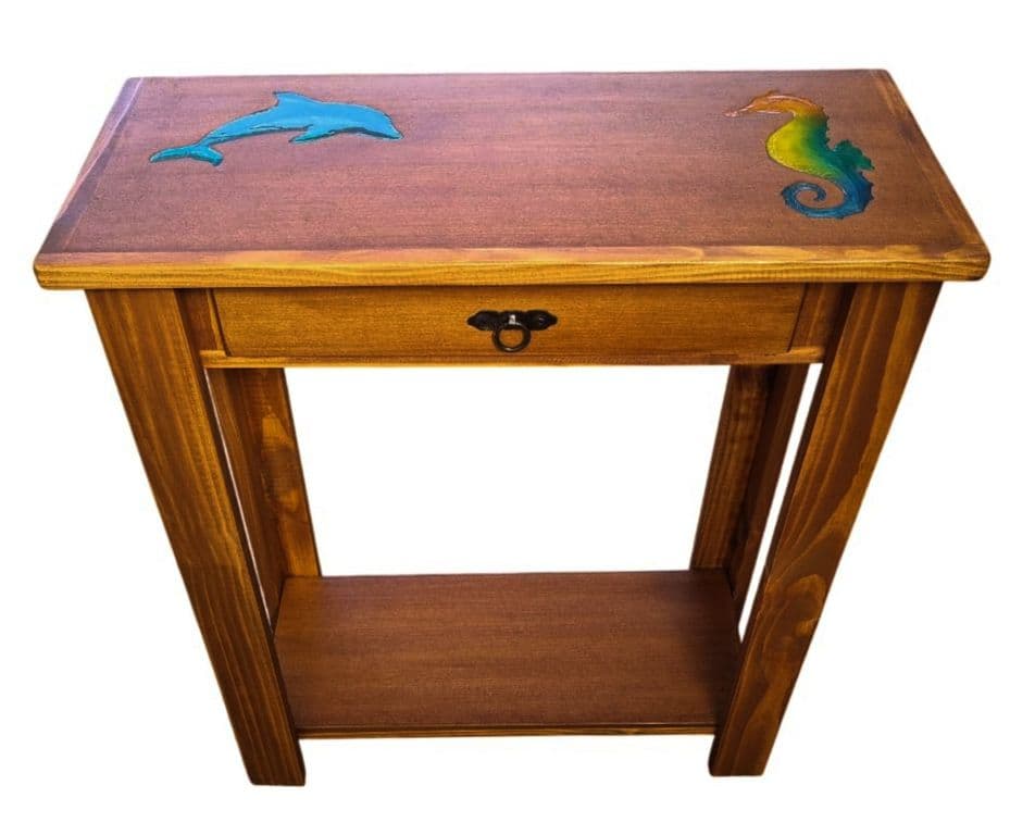 MESA DE ARRIMO CAFE CON GRABADO DE RESINA MARINO