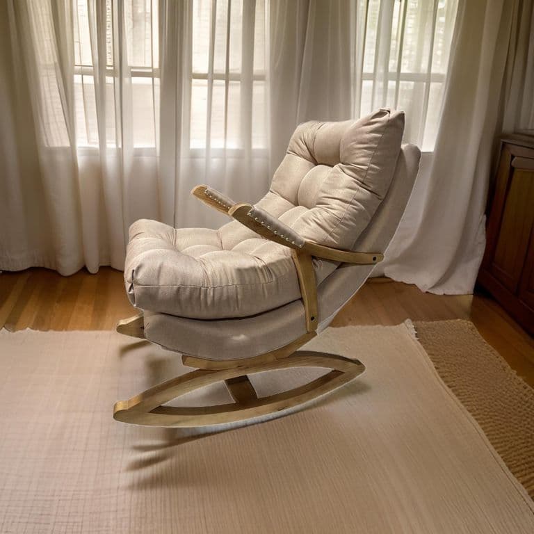 SILLA MECEDORA COQUETTE CON APOYA BRAZO BEIGE LINO.