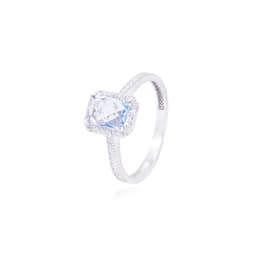 Anillo Oro Blanco 18kt Circonita Azul Cuadrada y Cintillo Blanco 13