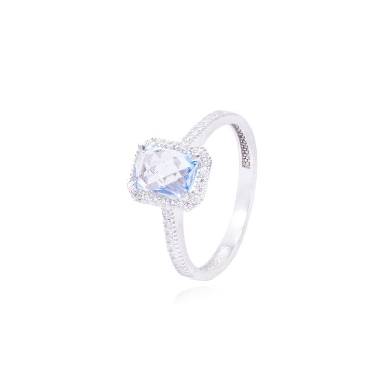 Anillo Oro Blanco 18kt Circonita Azul Cuadrada y Cintillo Blanco 13