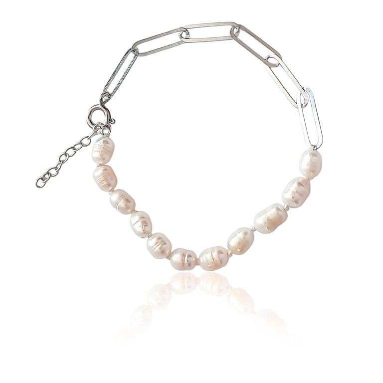 Pulsera Eslabon Alargado Perla Plata Fina 925 Blanco TALLA UNICA