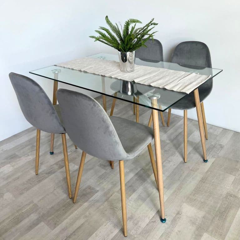 Comedor Minimalista - Mesa Vidrio 120x80 + 4 Sillas Isy Gris Gris claro COMVITREO120ISYGRIS4