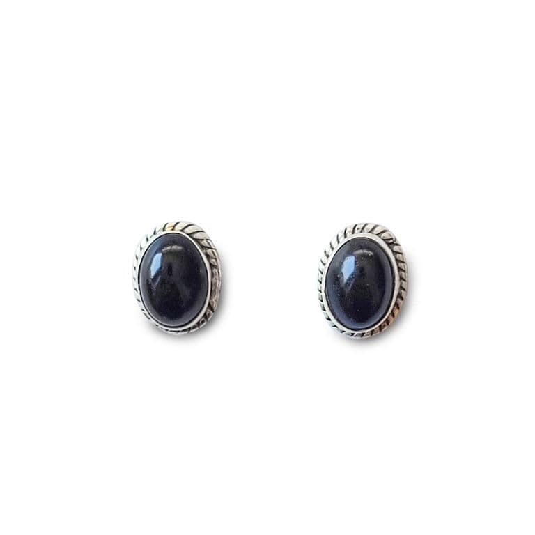 Aros Boton Ovalo Trenzado Onix Plata Fina 925 Negro TALLA UNICA