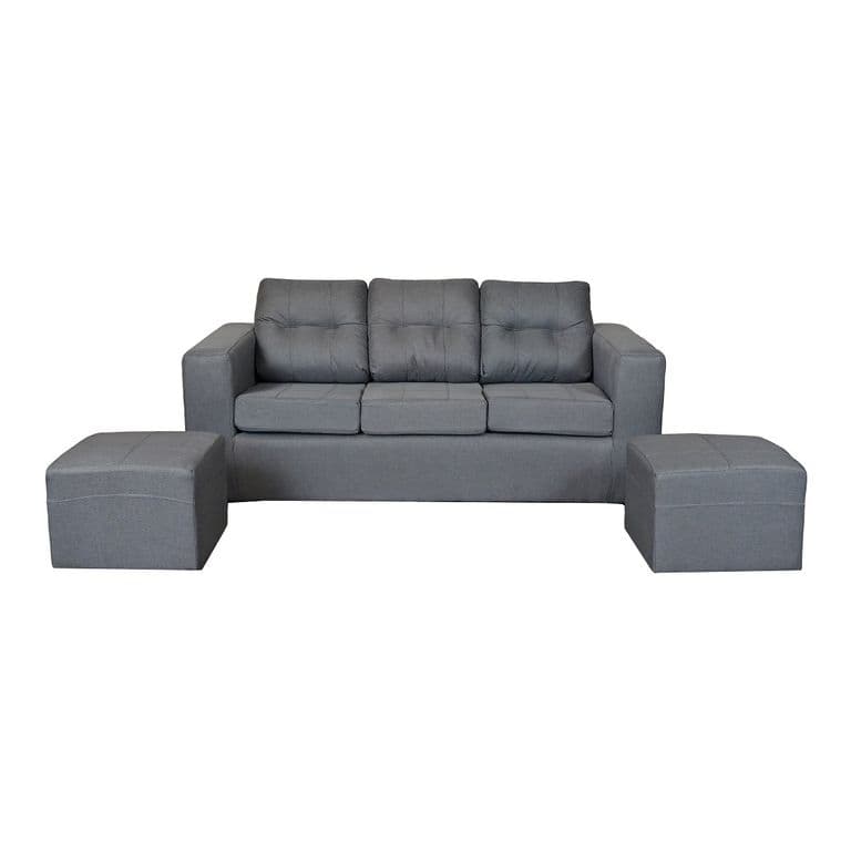 Sofa Nize 3 Cuerpos + 2 Pouf Tela Gris