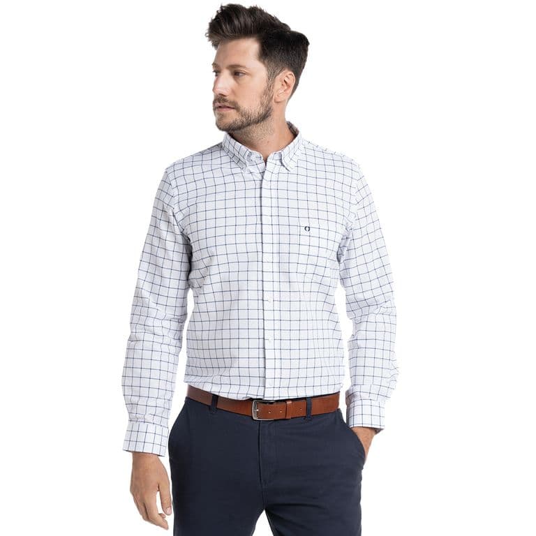 Camisa Oxford Cuadros Londres Hombre Manga Larga Blanco S