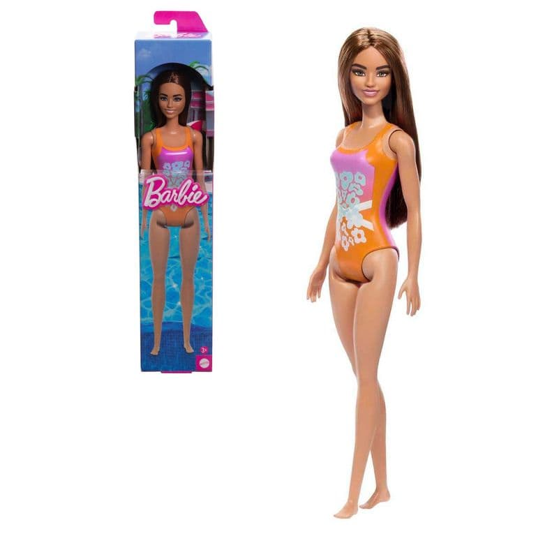 Muneca playa traje de bano naranja flores tropicales