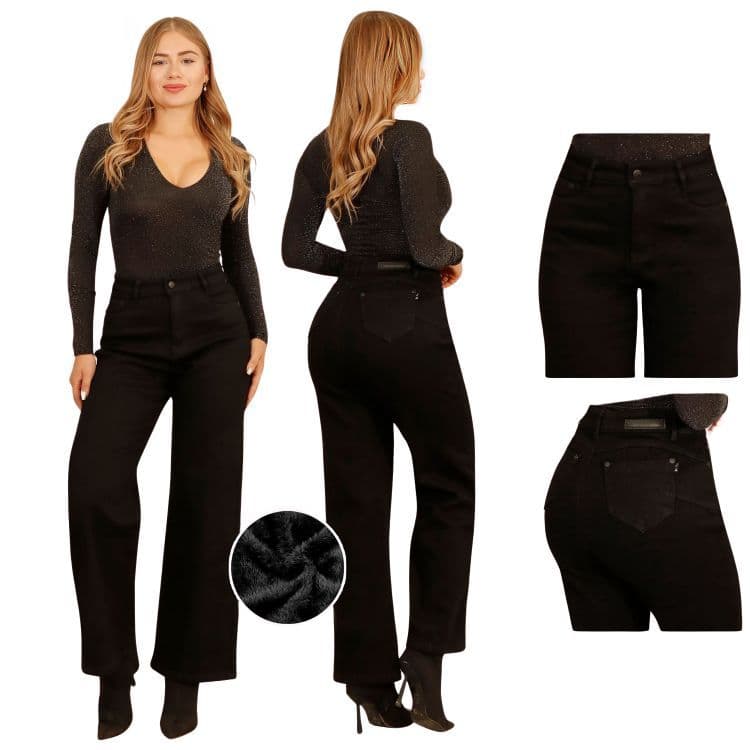 Jeans Pantalon Wide Leg Forro Polar Mujer Negro 40
