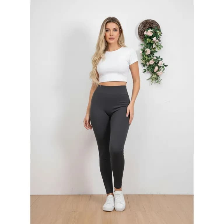 Calza Acanalada Mujer Invierno Frizada Tiro Alto 8018 Gris Oscuro L/XL