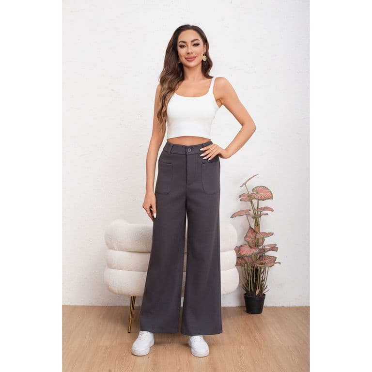 Pantalon Casual Mujer Bolsillo Otono Invierno Ancho 0126 Gris Oscuro M/L