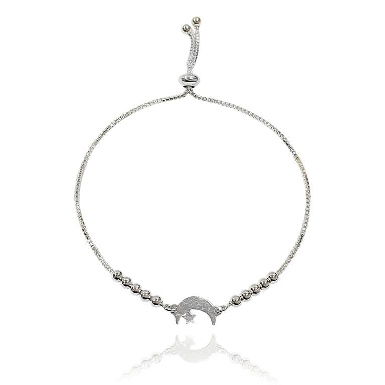 Pulsera Luna Estrella Bolitas Plata Fina 925 Adaptable Plateado TALLA UNICA