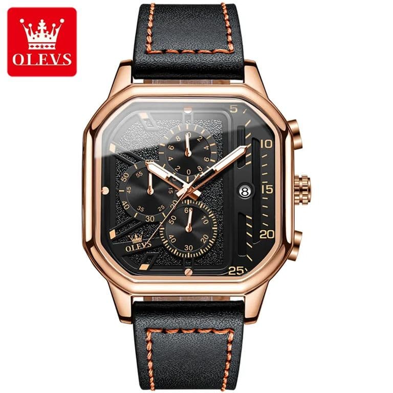 Reloj de Hombre Cuadrado de Lujo con Cronografo Correa de Cuero Negro TALLA UNICA