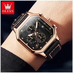 Reloj Cuadrado de Hombre Cronografo Correa de Cuero Resistencia agua 30m Cuarzo Japones Negro TALLA UNICA