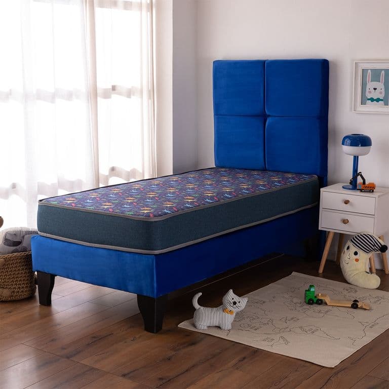 Cama Europea Infantil America Foam 1 Plaza Tapiz Azul Respaldo Zeus Azul 90x190x58 Cm