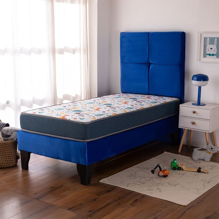 Cama Europea Infantil America Foam 1.5 Plazas Tapiz Blanco Respaldo Zeus Azul 105x190x58 Cm