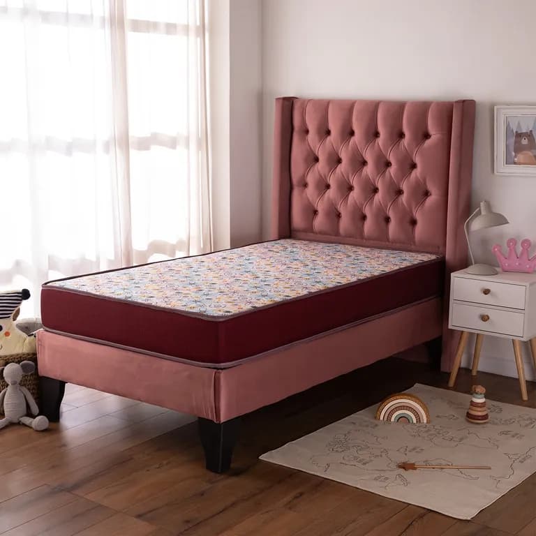 Cama Europea Infantil America Foam 1 Plaza Tapiz Blanco Respaldo Hades Rosa 90x190x58 Cm
