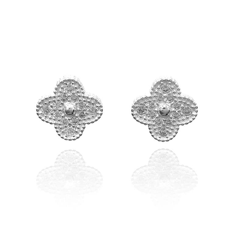 Aros Trebol 4 Hojas Circon Blanco Plata Fina 925 Plateado TALLA UNICA