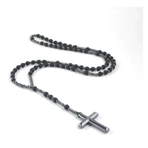 Collar De Cruz Caballero Piedra Onix Y Hematita Negro TALLA UNICA