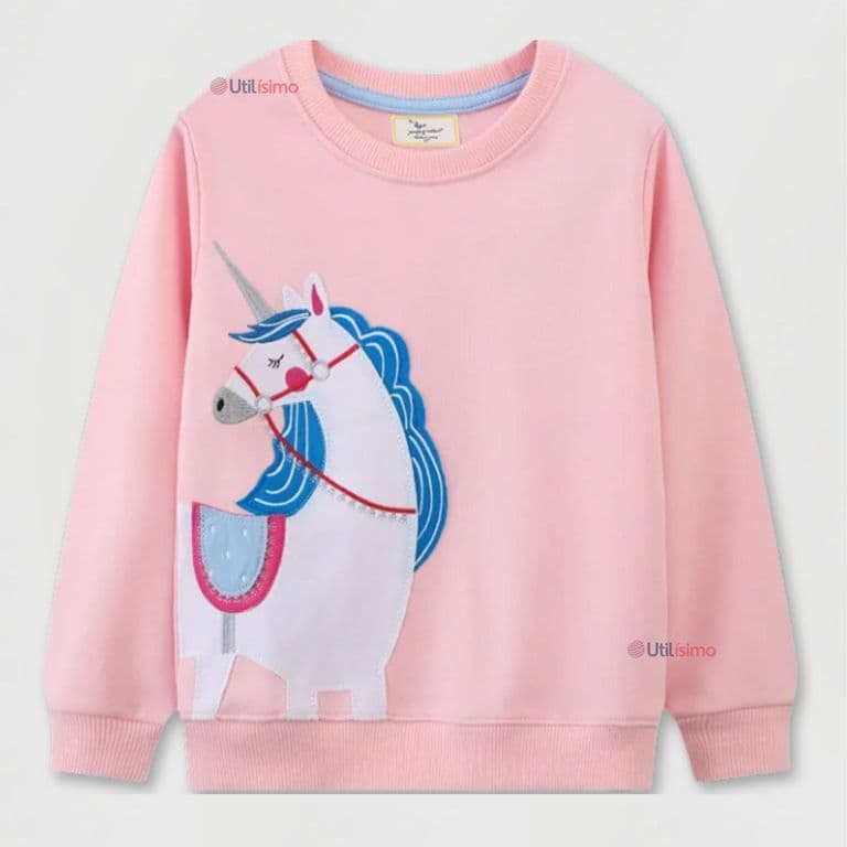 Poleron Algodon Cuello Redondo Nina Rosado Unicornio Rosa 5-6 ANOS