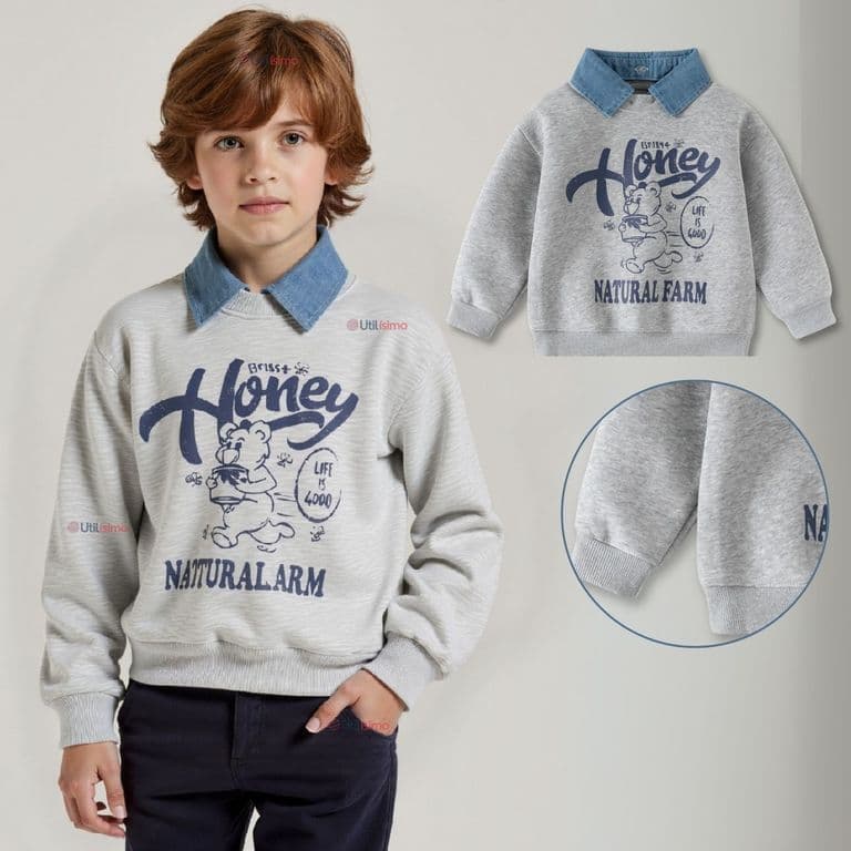 Poleron Algodon Estilo Pique Manga Larga Nino Gris Gris 3-4 ANOS