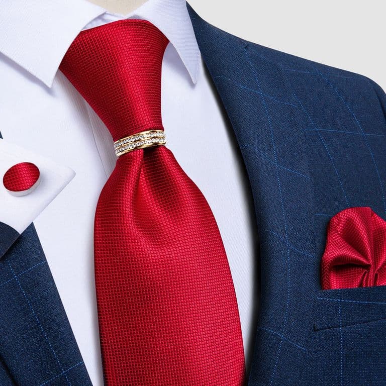 Corbata Hombre Seda En Caja Anillo Dorado Pano Colleras Set Pack Rojo TALLA UNICA