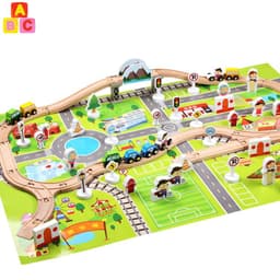 Mega Set de Tren de Madera con Ciudad Interactiva 80+ Piezas