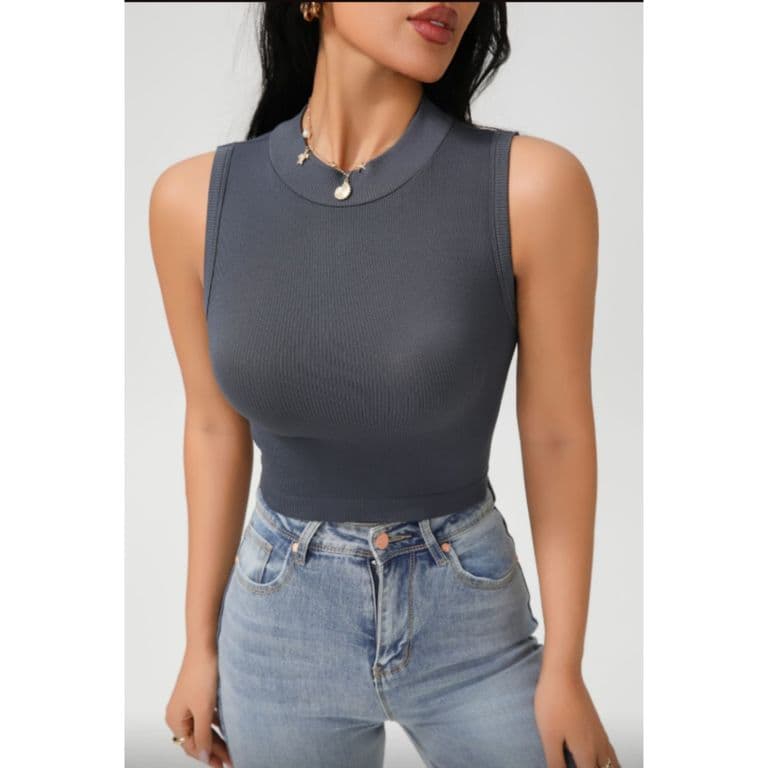 Polera Corta Mujer Top Sin Manga Full Elasticada Cuello Alto 9009 Gris Oscuro L/XL