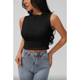 Polera Corta Mujer Top Sin Manga Full Elasticada Cuello Alto 9009 Negro L/XL