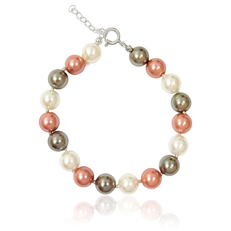 Pulsera Perla Shellpearl Gris Blanco Rosado 8mm Plata Fina 925 Plateado TALLA UNICA