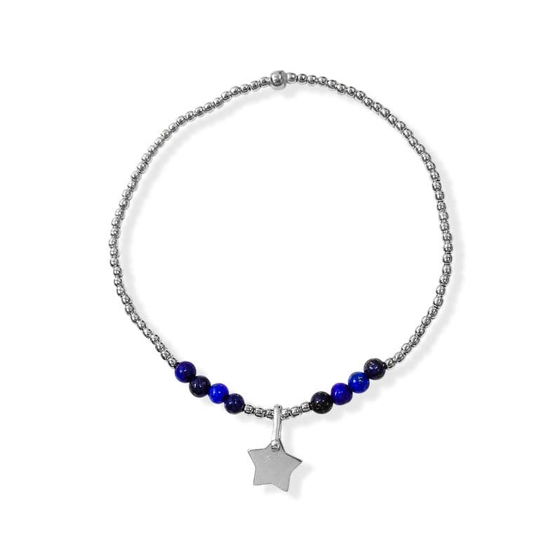 Pulsera Lapislazuli Estrella Bolitas Plata Fina 925 Elasticada Plateado TALLA UNICA
