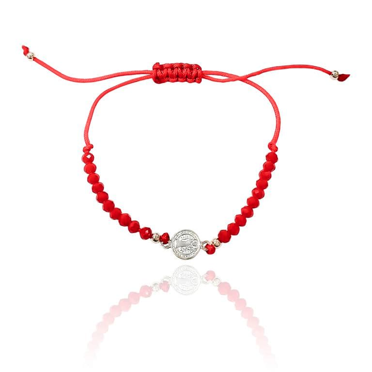 Pulsera Medalla San Benito Plata Fina 925 Cristal Cordon Rojo Plateado TALLA UNICA