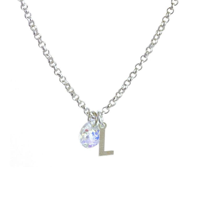 Cadena de Plata con Inicial y Cristal - L Plateado TALLA UNICA