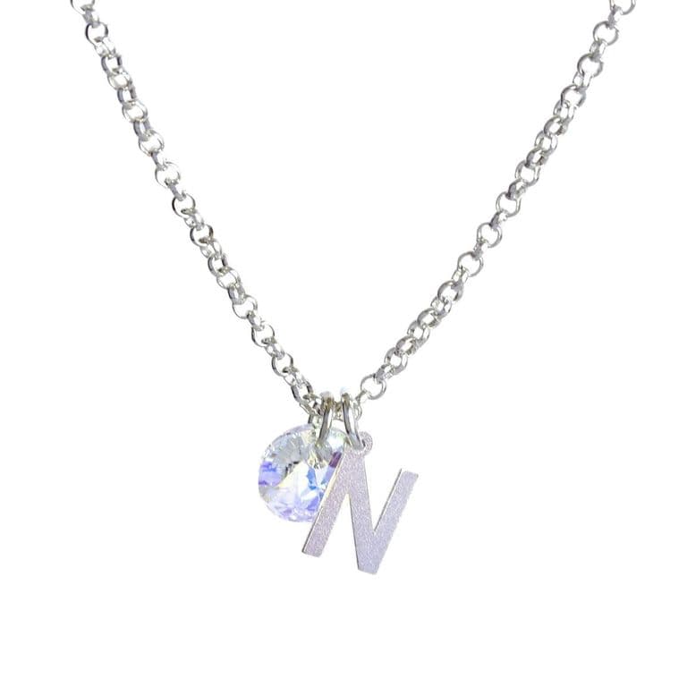 Cadena de Plata con Inicial y Cristal - N Plateado TALLA UNICA