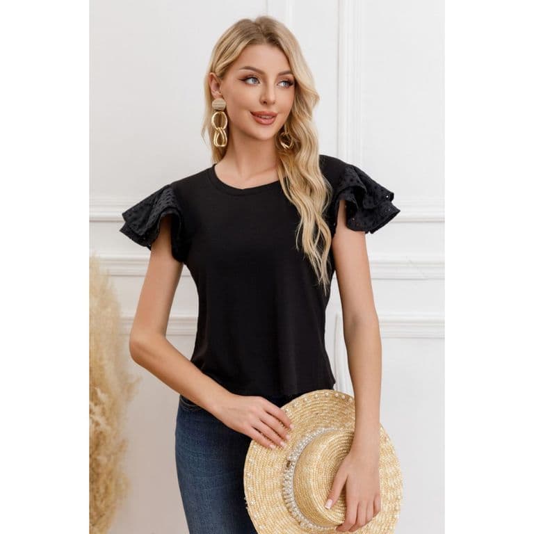 Polera Mujer Algodon Elasticada Manga Corta Broderie 3316 Negro S