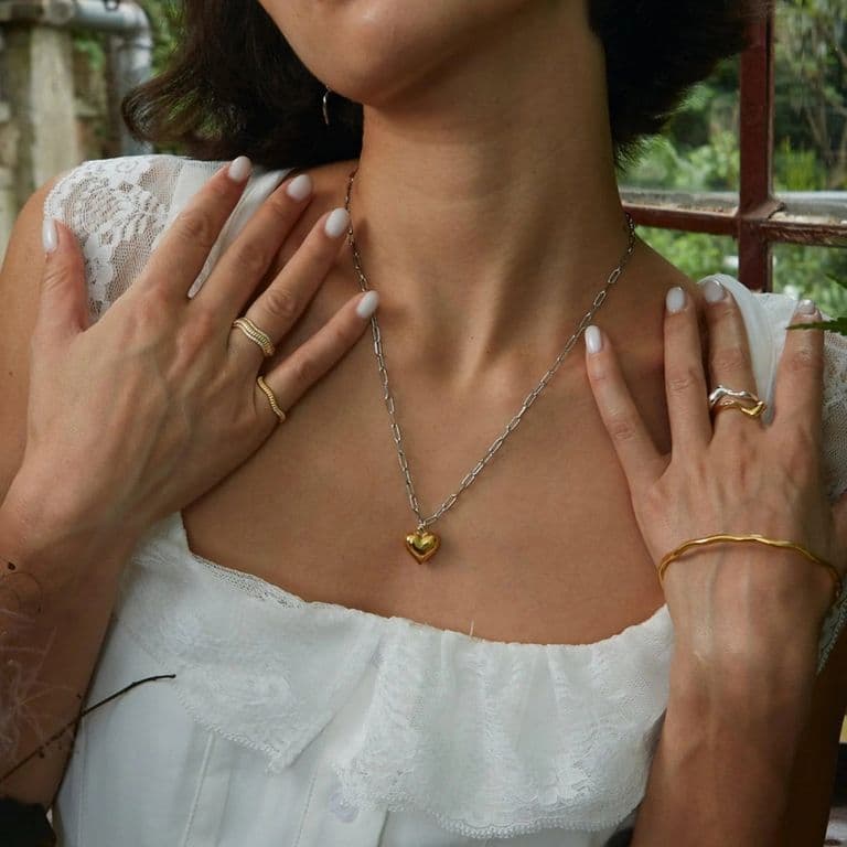 Collar Bano Oro 18k Eslabones Corazon Inflado