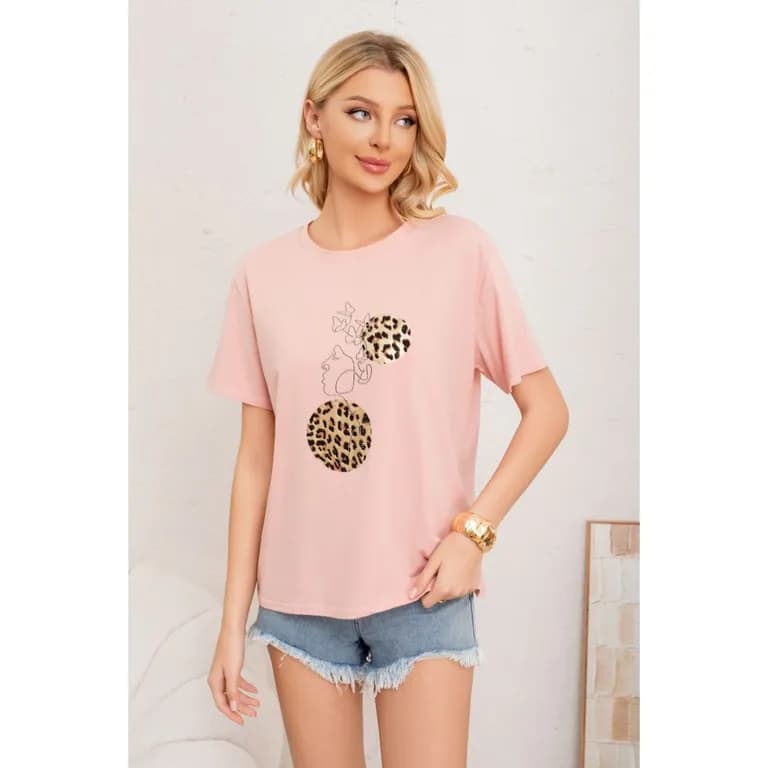Polera Mujer Algodon Manga Corta Oversize Aplicacion 2012 Rosa L/XL
