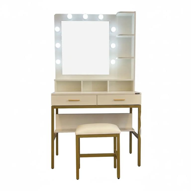Tocador Hollywood Glow con Iluminacion LED, Banquillo, Repisas y Espejo Rectangular - Blanco